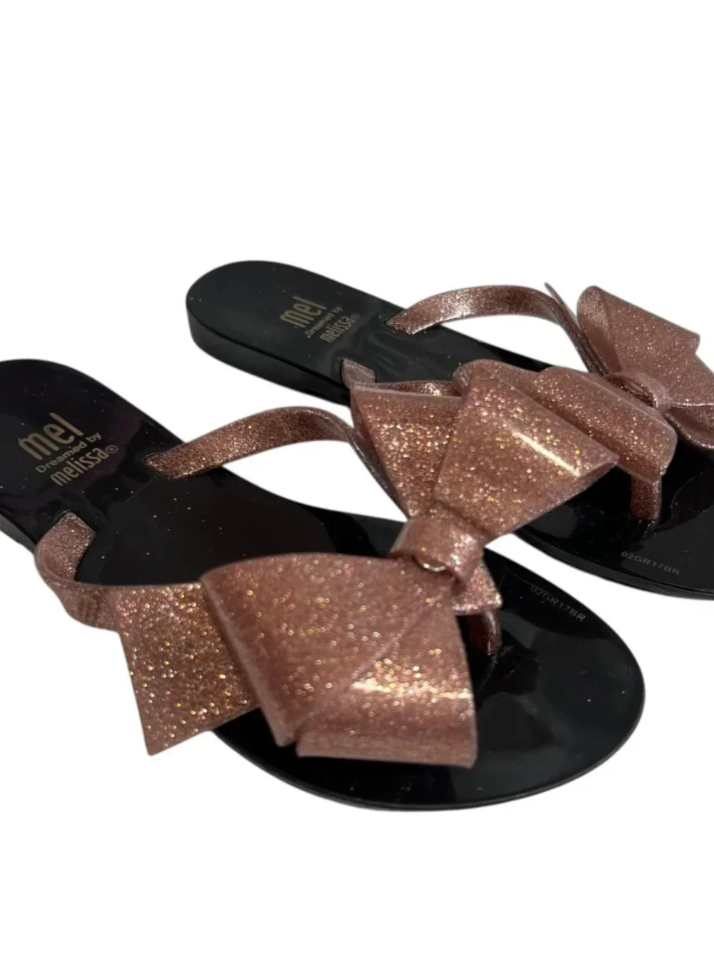 Melissa Sandals Harmonic Bow III Thong black glittery pink bow kids size 13